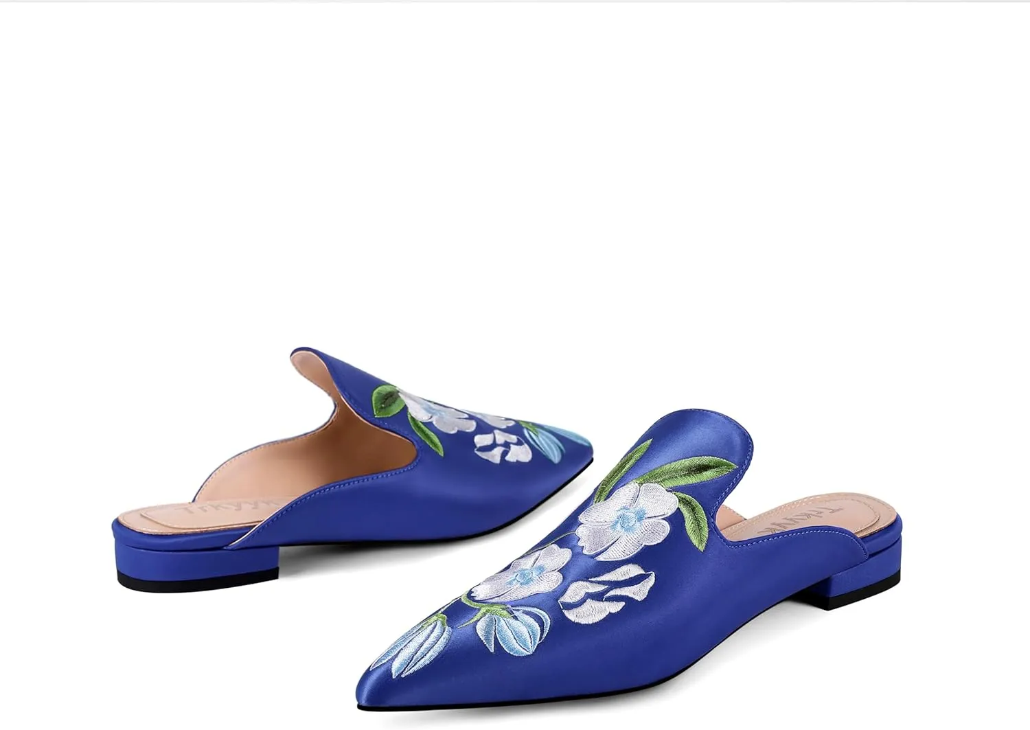 Mules for Women Pointed Toe Embroidered Shoes Satin Comfortable Flats Backless Loafers
