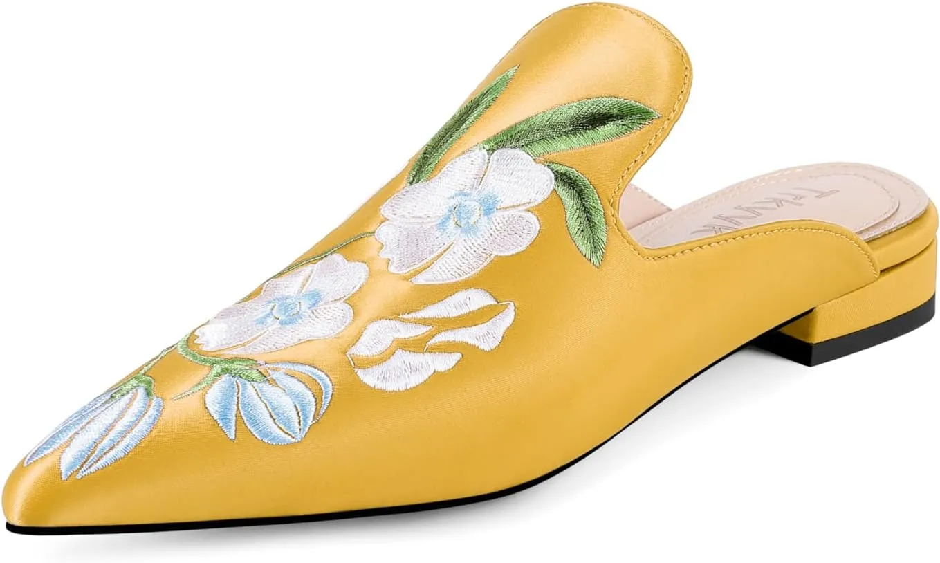 Mules for Women Pointed Toe Embroidered Shoes Satin Comfortable Flats Backless Loafers