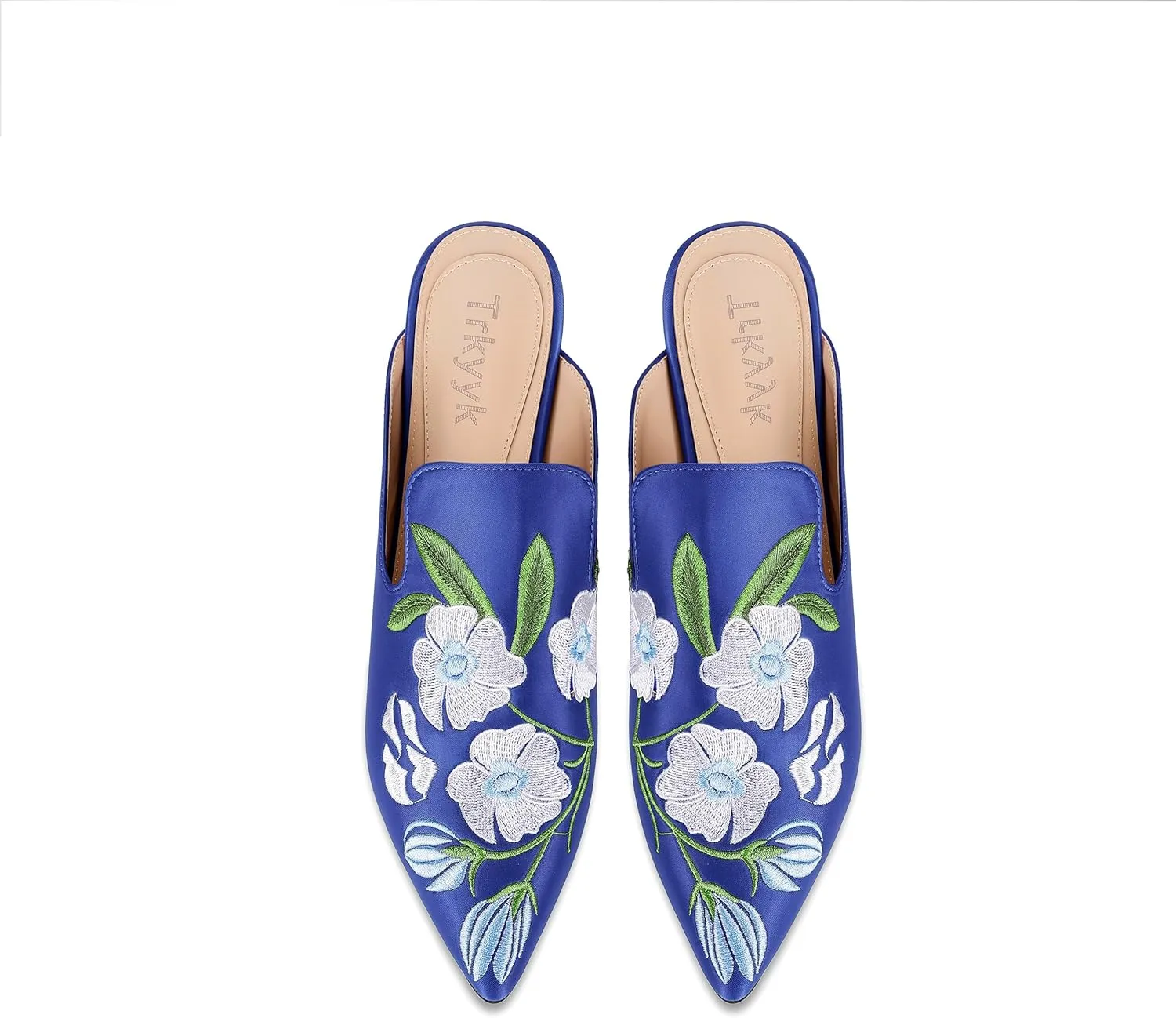Mules for Women Pointed Toe Embroidered Shoes Satin Comfortable Flats Backless Loafers