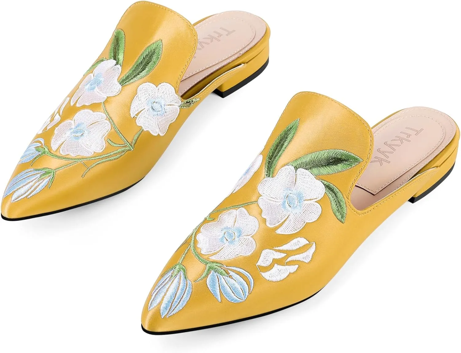 Mules for Women Pointed Toe Embroidered Shoes Satin Comfortable Flats Backless Loafers