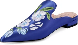 Mules for Women Pointed Toe Embroidered Shoes Satin Comfortable Flats Backless Loafers