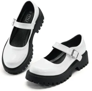 MUSSHOE Mary Jane Shoes Women Comfortable Casual Round Toe Platform Chunky Low Heel Flat Shoes with Ankle Straps