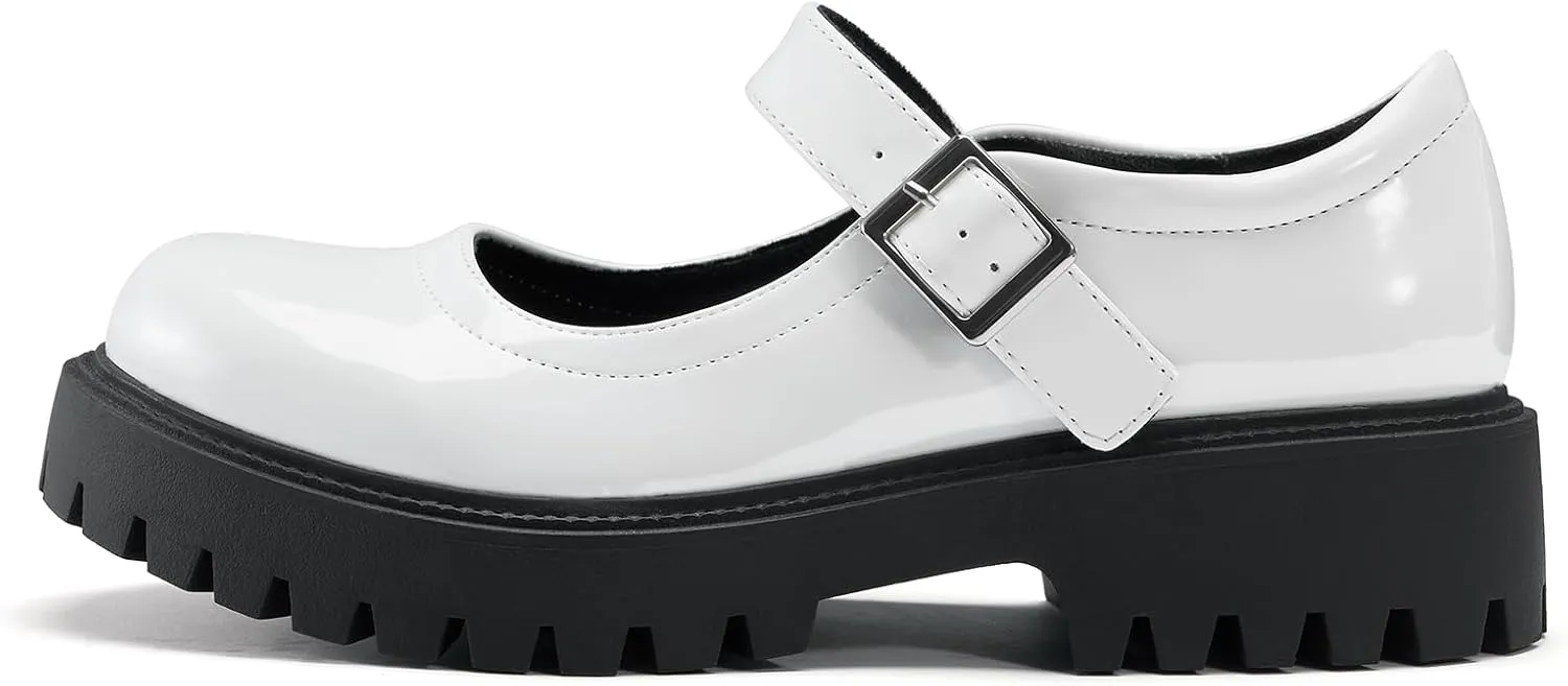 MUSSHOE Mary Jane Shoes Women Comfortable Casual Round Toe Platform Chunky Low Heel Flat Shoes with Ankle Straps