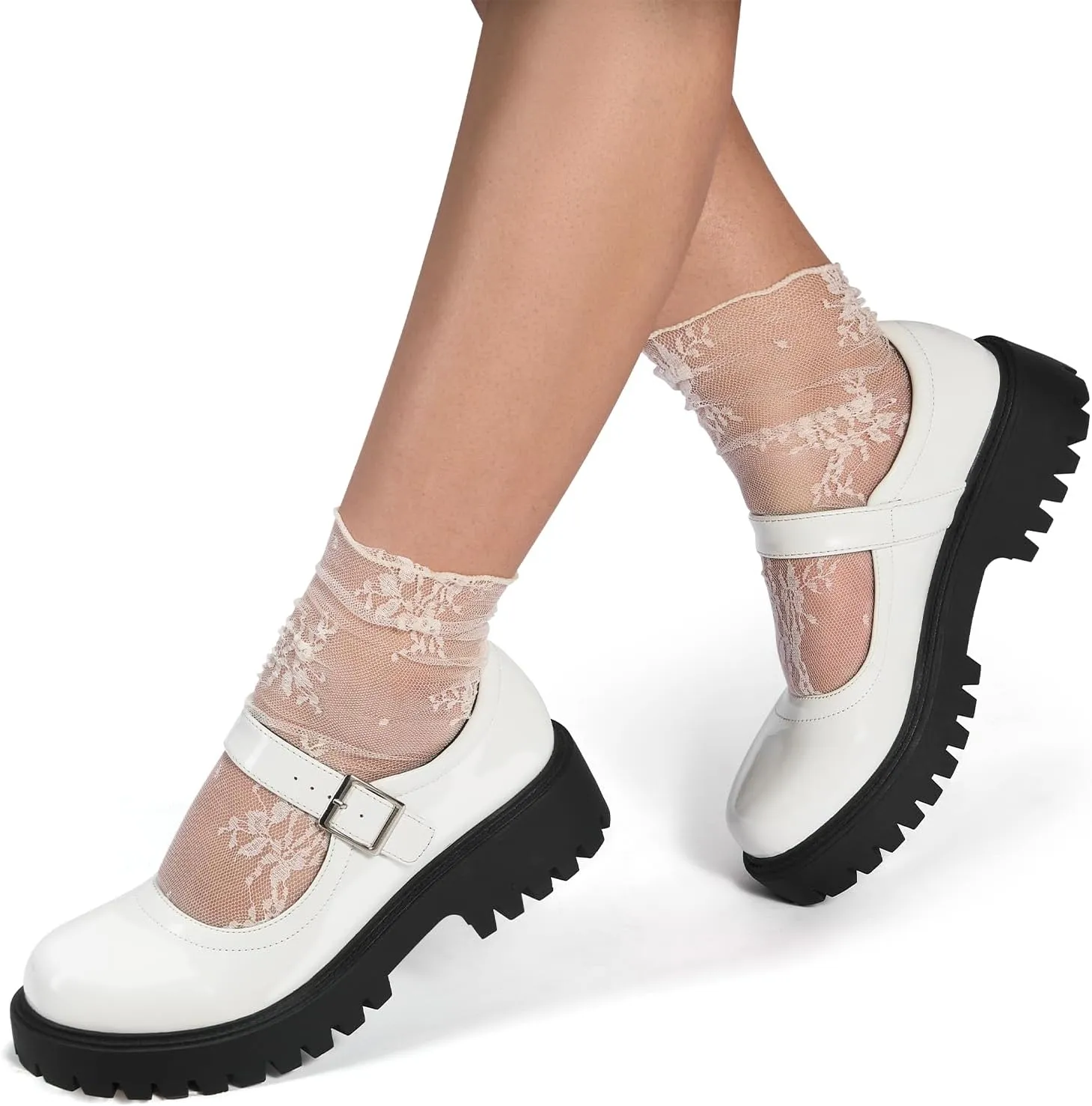 MUSSHOE Mary Jane Shoes Women Comfortable Casual Round Toe Platform Chunky Low Heel Flat Shoes with Ankle Straps