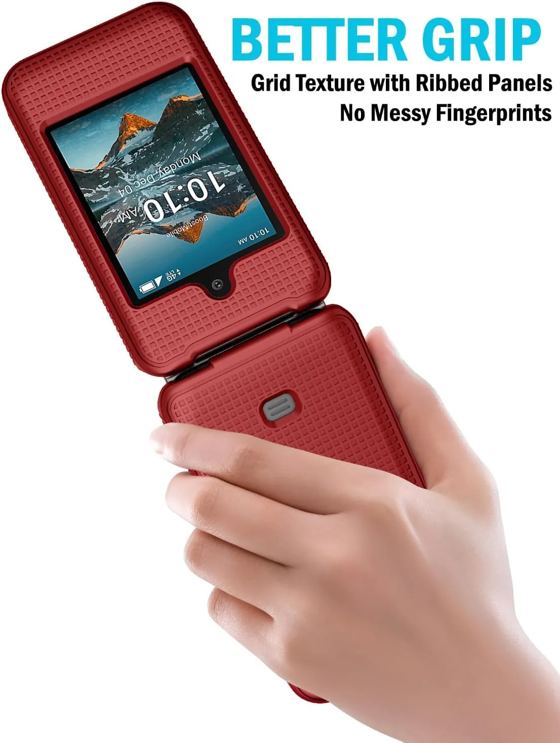 Nakedcellphone Case for Consumer Cellular Iris Easy Flip Phone/Boost Mobile Summit Flip 4G, Slim Hard Shell Protector Cover [Anti-Fingerprint, Grid Texture] for SL006D (2024) - Bold Red