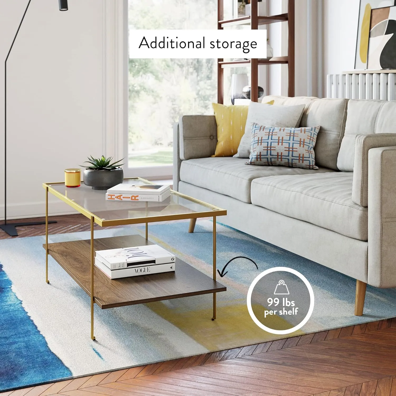 Nathan James Asher Mid-Century Rectangle Coffee Table Glass Top and Rustic Oak Storage Shelf with Sleek Brass Metal Legs, Gold