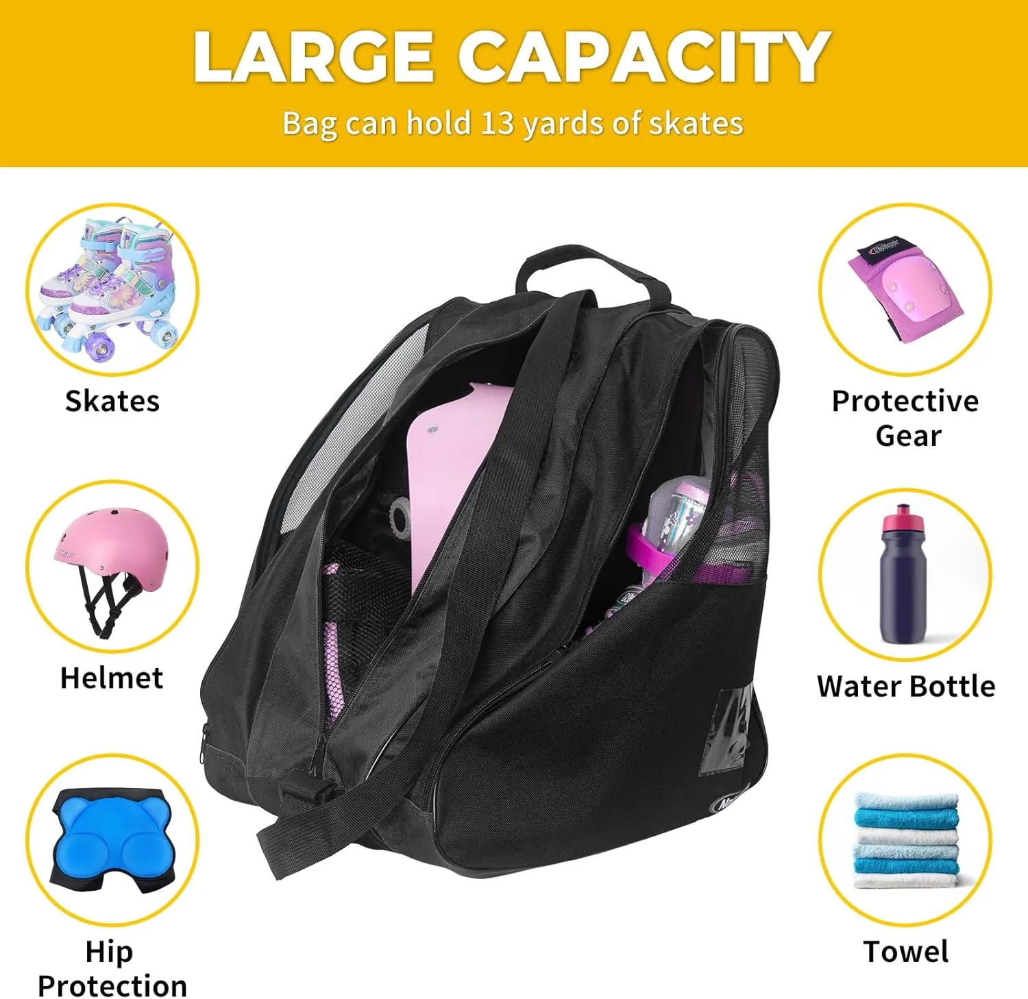 Nattork Roller Skate Bag - Oxford Cloth Ice Skate Bag with Large Capacity, Breathable Mesh, Side Pockets & Name Card Holder for Adults & Kids