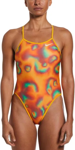 Nike Women's HydraStrong Multi Print Reversible Tie Back One Piece Swimsuit, Warm Multi, 34