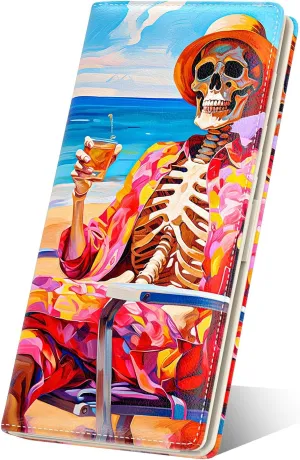 Nipichsha Womens Wallet, RFID Slim Wallets for Women, Thin Ladies Credit Card Holder Purse, Cute Leather Bifold Clutch Billfold with 11 Card Slots & ID Window, Beach Skull