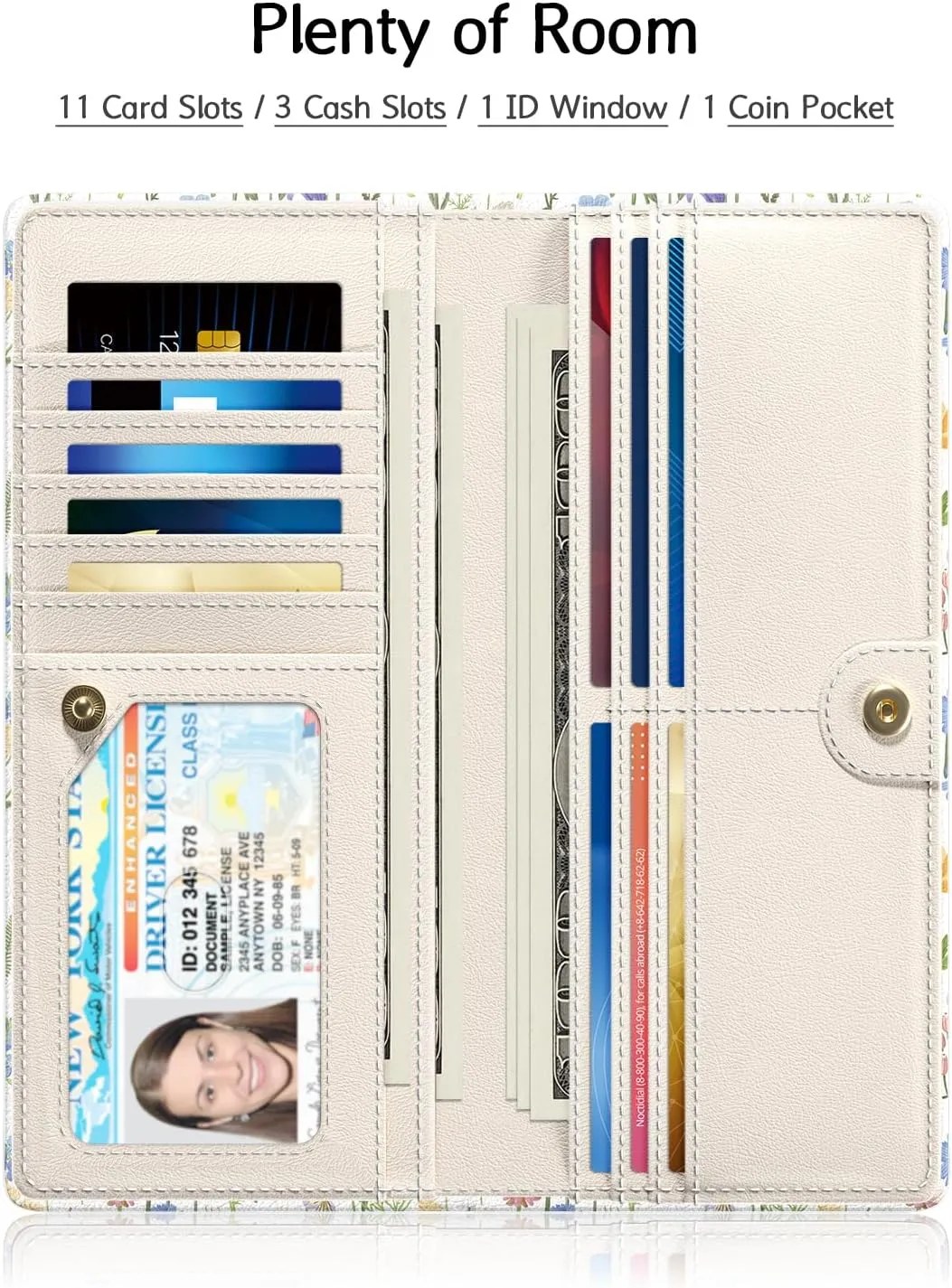 Nipichsha Womens Wallet, RFID Slim Wallets for Women, Thin Ladies Credit Card Holder Purse, Cute Leather Bifold Clutch Billfold with 11 Card Slots & ID Window, Colorful Flowers