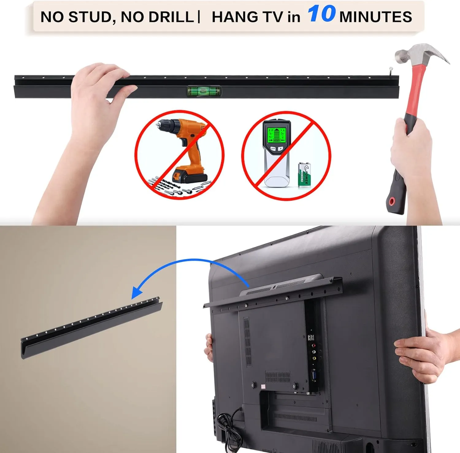 No Drill Drywall TV Mount, No Stud TV Wall Mount for 32-75 Inch Most Brand TVs up to 150lbs, Easy Install no Stud Studless TVs Wall Mount, Included All Hardware-New Level Bubble Meter