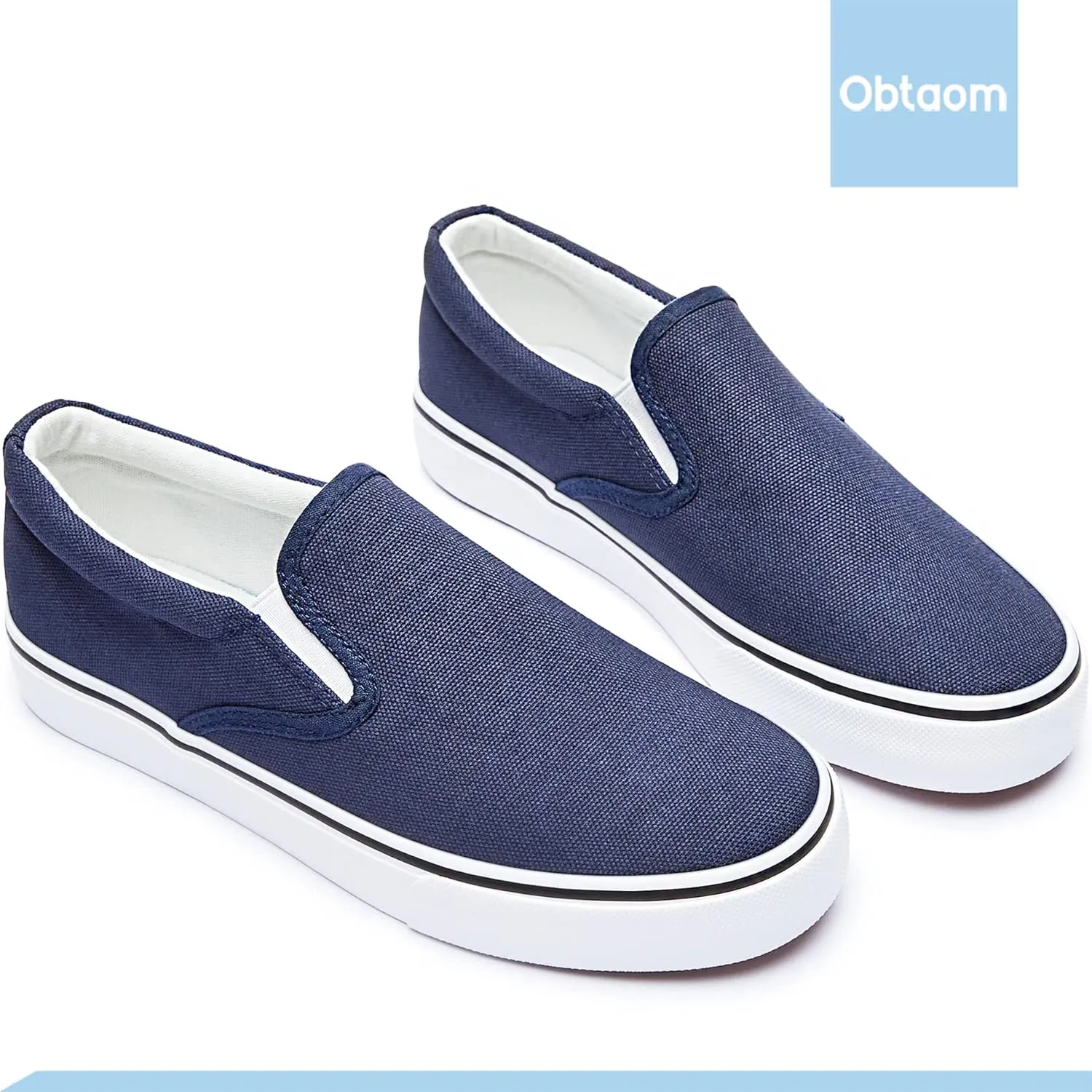 Obtaom Women's White Sneakers Black Slip on Shoes for Women Low Top Canvas Loafers