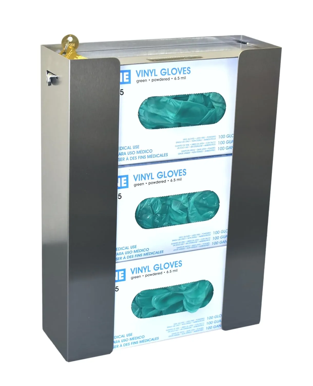 Omnimed Stainless Steel Glove Box Holder with Key Lock, for Medical and Lab Use (Triple)