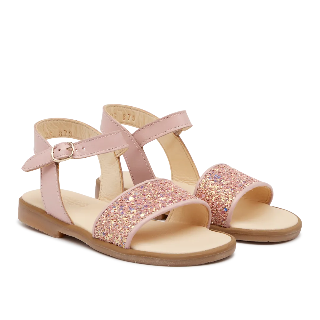 Open toe glitter sandal with buckle closure