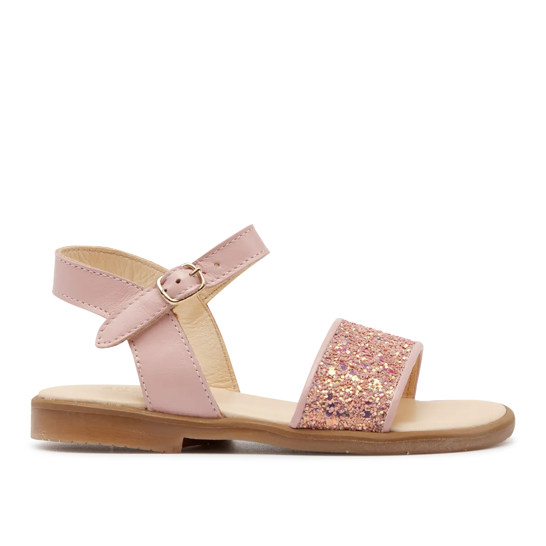 Open toe glitter sandal with buckle closure
