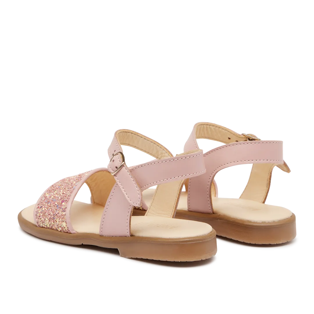 Open toe glitter sandal with buckle closure