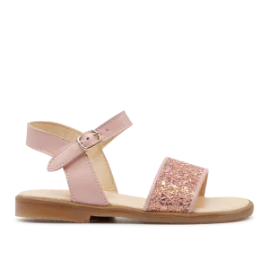Open toe glitter sandal with buckle closure