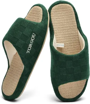 Open Toe Slippers for Women - Unisex Non-Slip Comfy House Slippers Linen Slip On Ladies Slides Breathable Indoor Shoes Washable