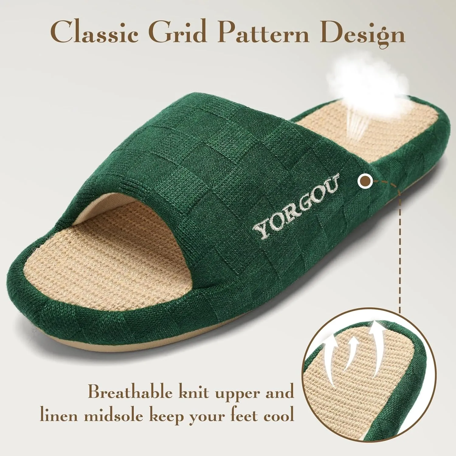 Open Toe Slippers for Women - Unisex Non-Slip Comfy House Slippers Linen Slip On Ladies Slides Breathable Indoor Shoes Washable