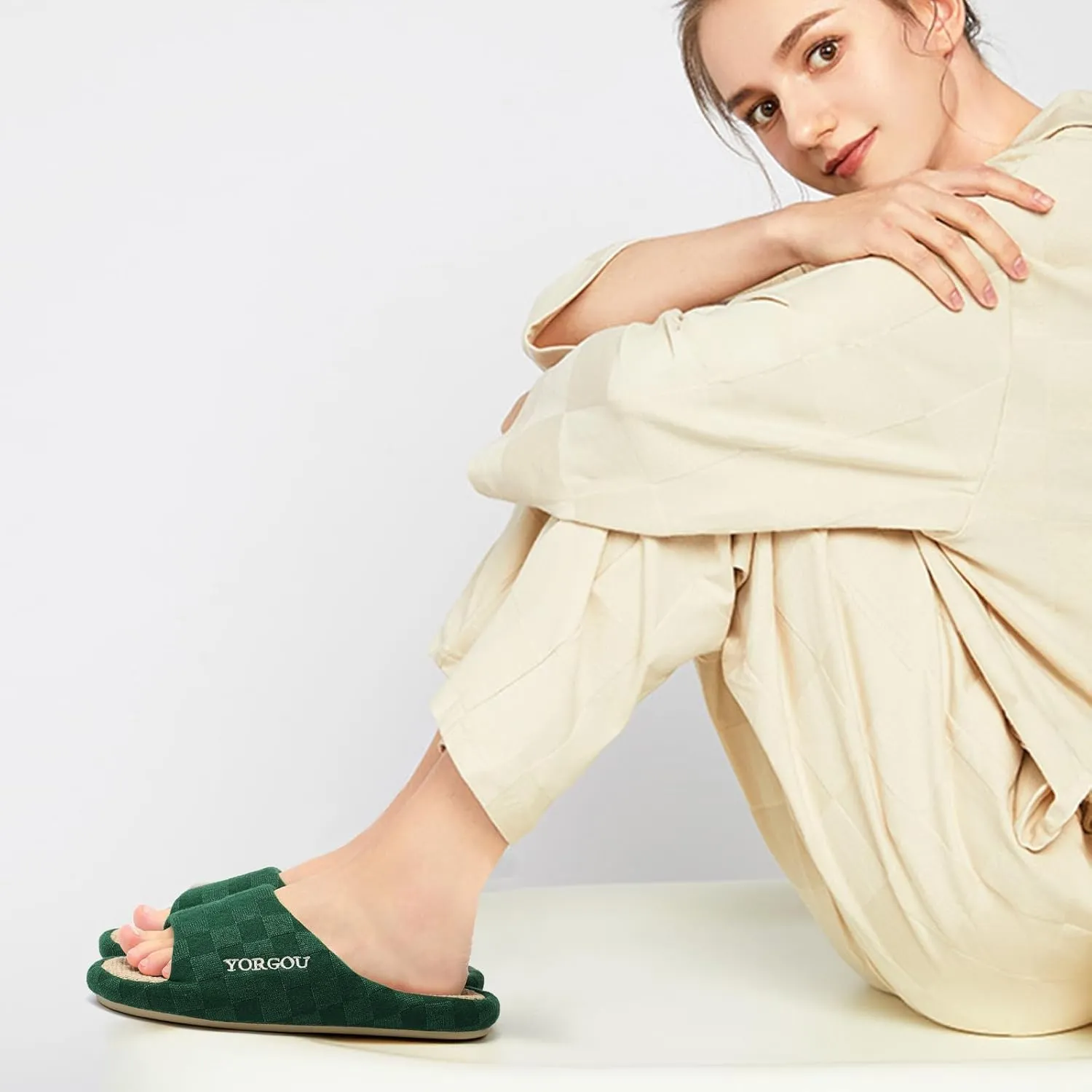 Open Toe Slippers for Women - Unisex Non-Slip Comfy House Slippers Linen Slip On Ladies Slides Breathable Indoor Shoes Washable