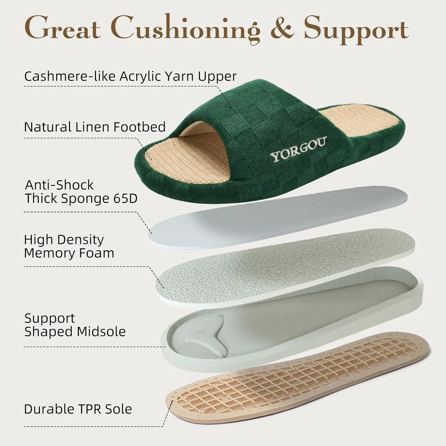 Open Toe Slippers for Women - Unisex Non-Slip Comfy House Slippers Linen Slip On Ladies Slides Breathable Indoor Shoes Washable