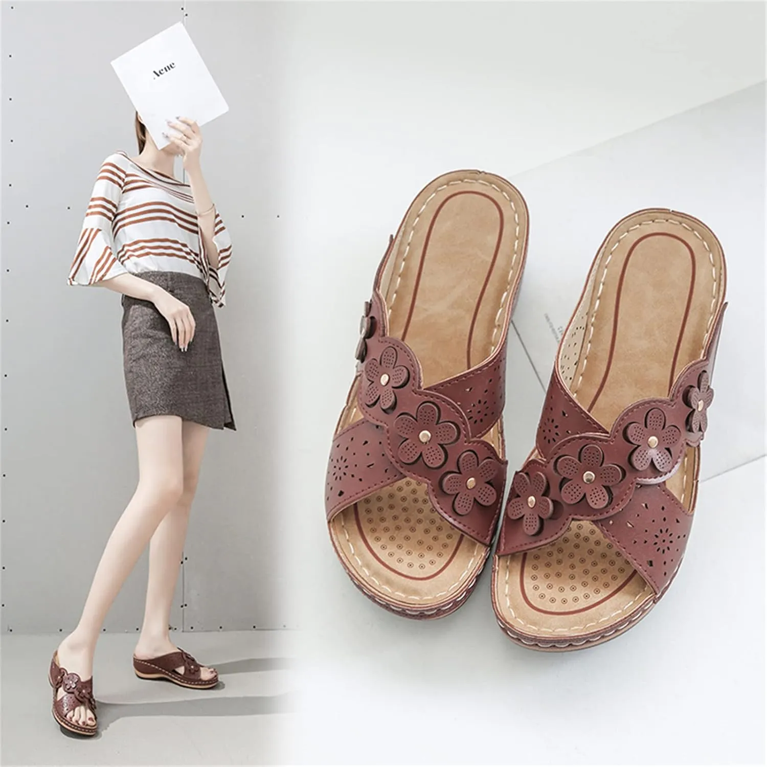 ORNVEION Open Toe Fancy Flower Women Wedge Orthopedic Sandals,Hollowed Slip on Arch Support Sandals Casual Bohemian Fashion Non-Slip Lightweight Slippers