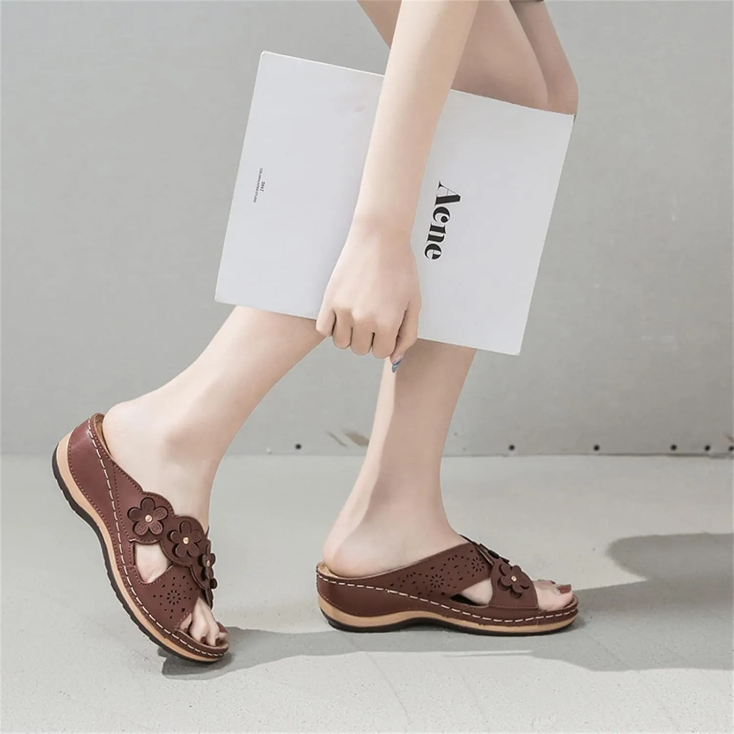 ORNVEION Open Toe Fancy Flower Women Wedge Orthopedic Sandals,Hollowed Slip on Arch Support Sandals Casual Bohemian Fashion Non-Slip Lightweight Slippers