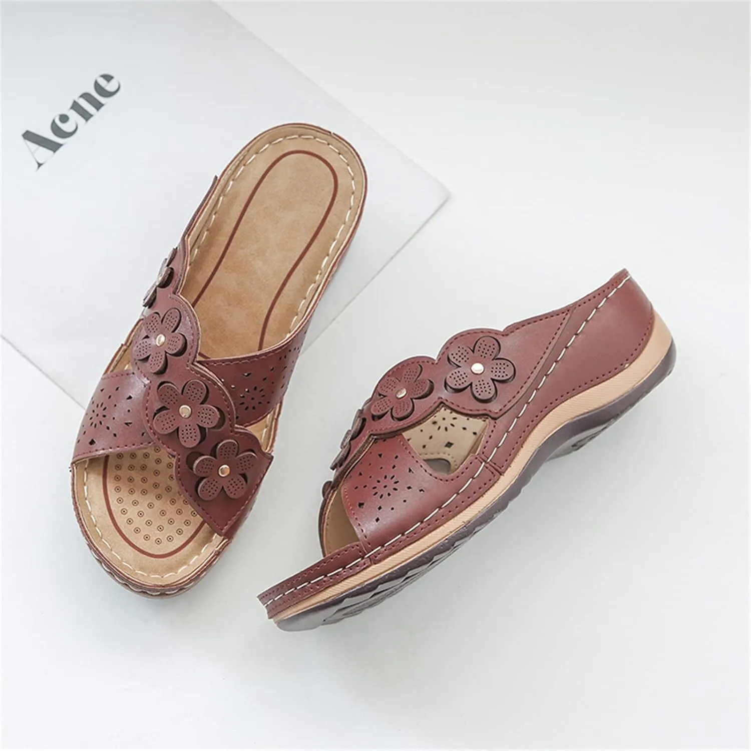 ORNVEION Open Toe Fancy Flower Women Wedge Orthopedic Sandals,Hollowed Slip on Arch Support Sandals Casual Bohemian Fashion Non-Slip Lightweight Slippers