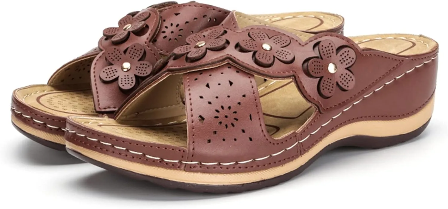 ORNVEION Open Toe Fancy Flower Women Wedge Orthopedic Sandals,Hollowed Slip on Arch Support Sandals Casual Bohemian Fashion Non-Slip Lightweight Slippers