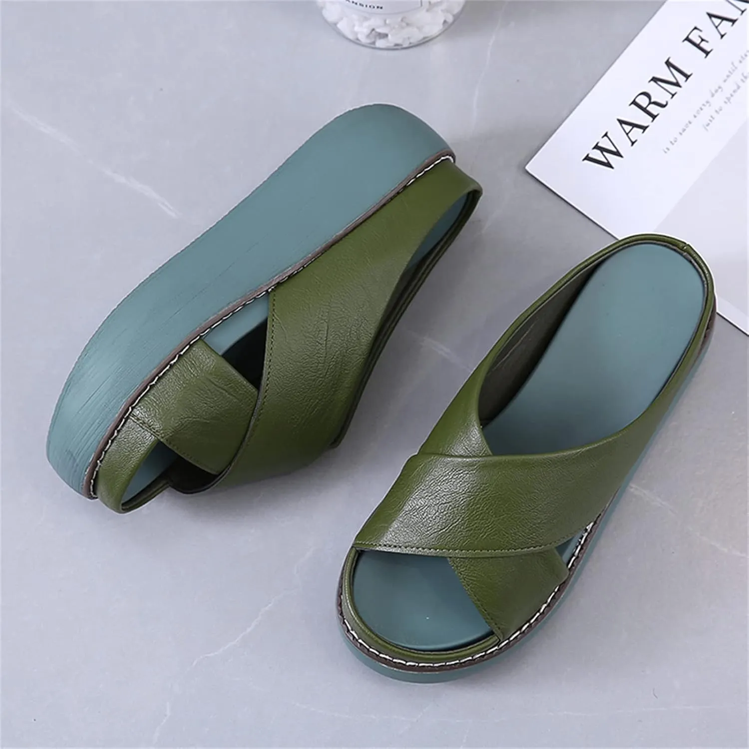 ORNVEION Women's Leather Platform Wedge Heel Sandals,Comfy Soft Fashion Open Toe Slip-on Casual Outdoor Beach Slipper