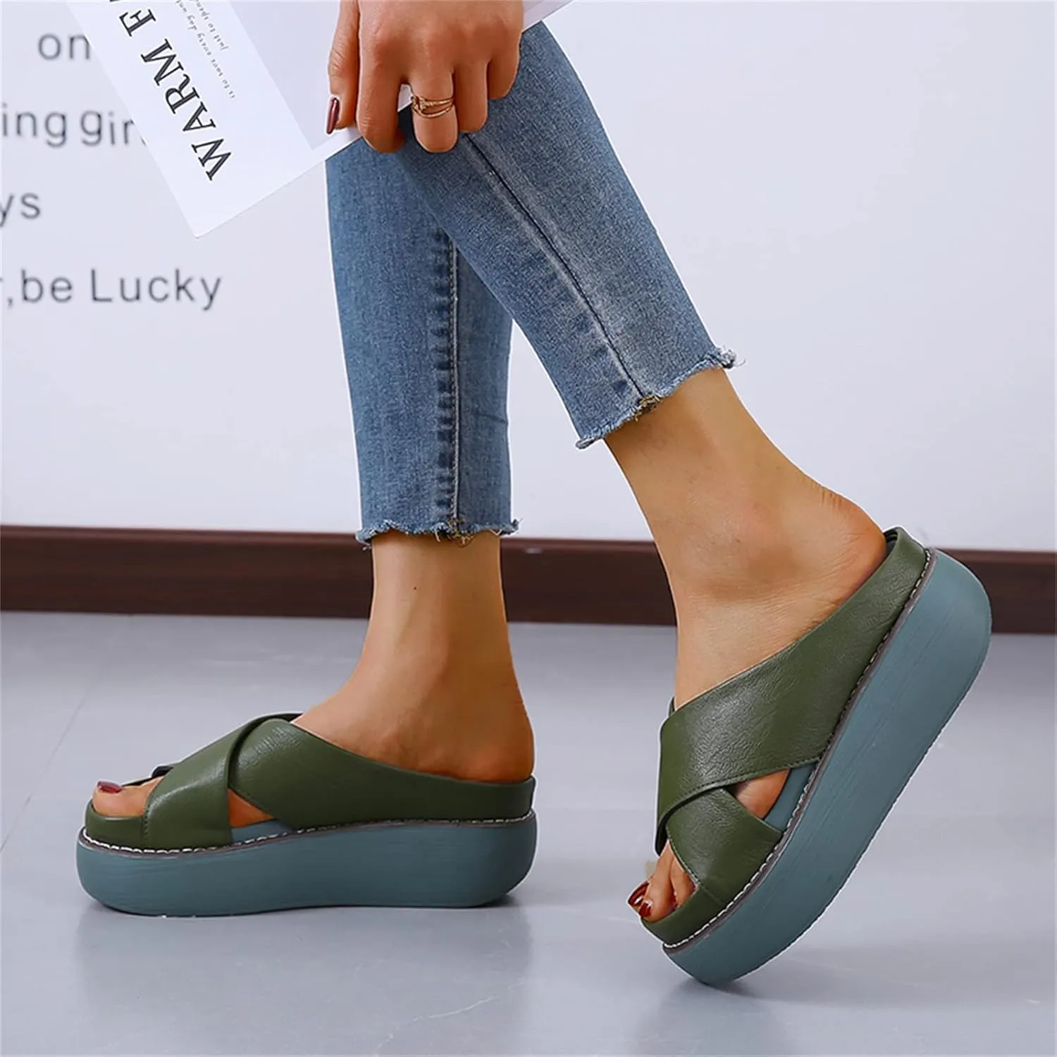 ORNVEION Women's Leather Platform Wedge Heel Sandals,Comfy Soft Fashion Open Toe Slip-on Casual Outdoor Beach Slipper
