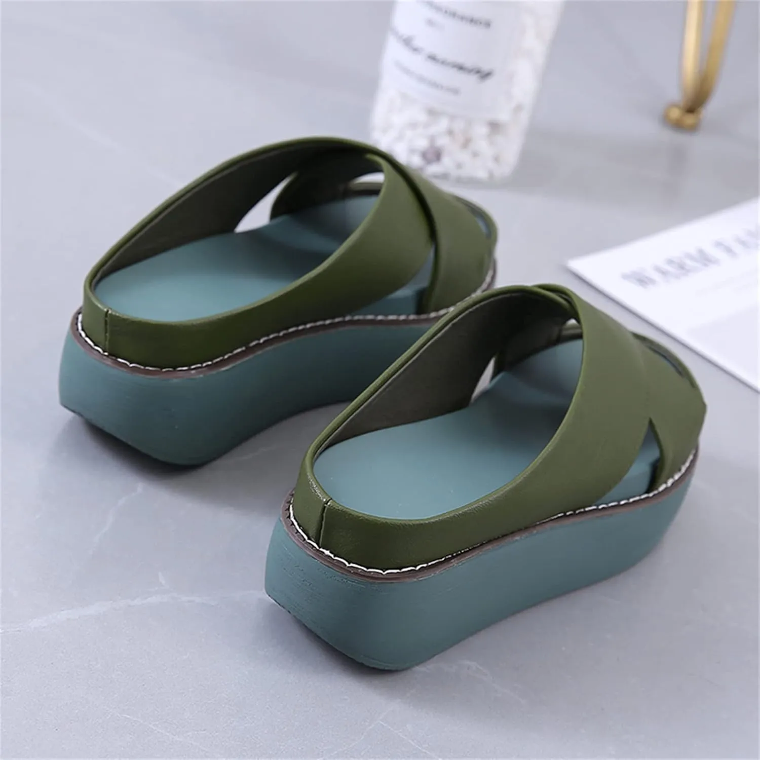 ORNVEION Women's Leather Platform Wedge Heel Sandals,Comfy Soft Fashion Open Toe Slip-on Casual Outdoor Beach Slipper