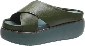 ORNVEION Women's Leather Platform Wedge Heel Sandals,Comfy Soft Fashion Open Toe Slip-on Casual Outdoor Beach Slipper