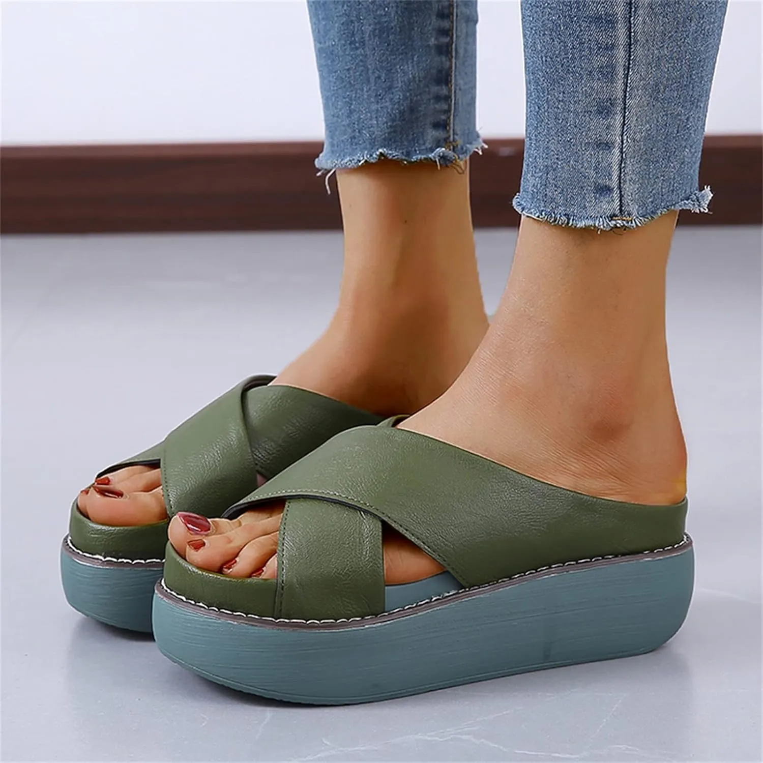 ORNVEION Women's Leather Platform Wedge Heel Sandals,Comfy Soft Fashion Open Toe Slip-on Casual Outdoor Beach Slipper
