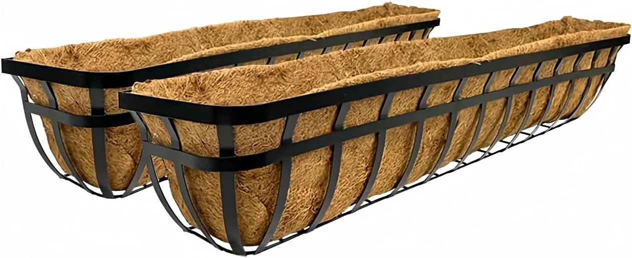 Panacea 88559 Flat Iron Series Planter Boxes, Black, 48" L, Pack of 2 – Steel Construction with Coco Fiber Liners for Deck or Wall Mount