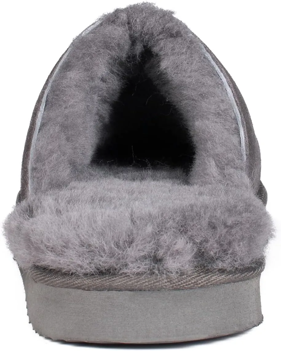 Parfeying Men's Sheepskin Shearling Slippers, Anti-slip Rubber Sole Indoor Outdoor Cow Suede Leather Slip on Slippers for Men