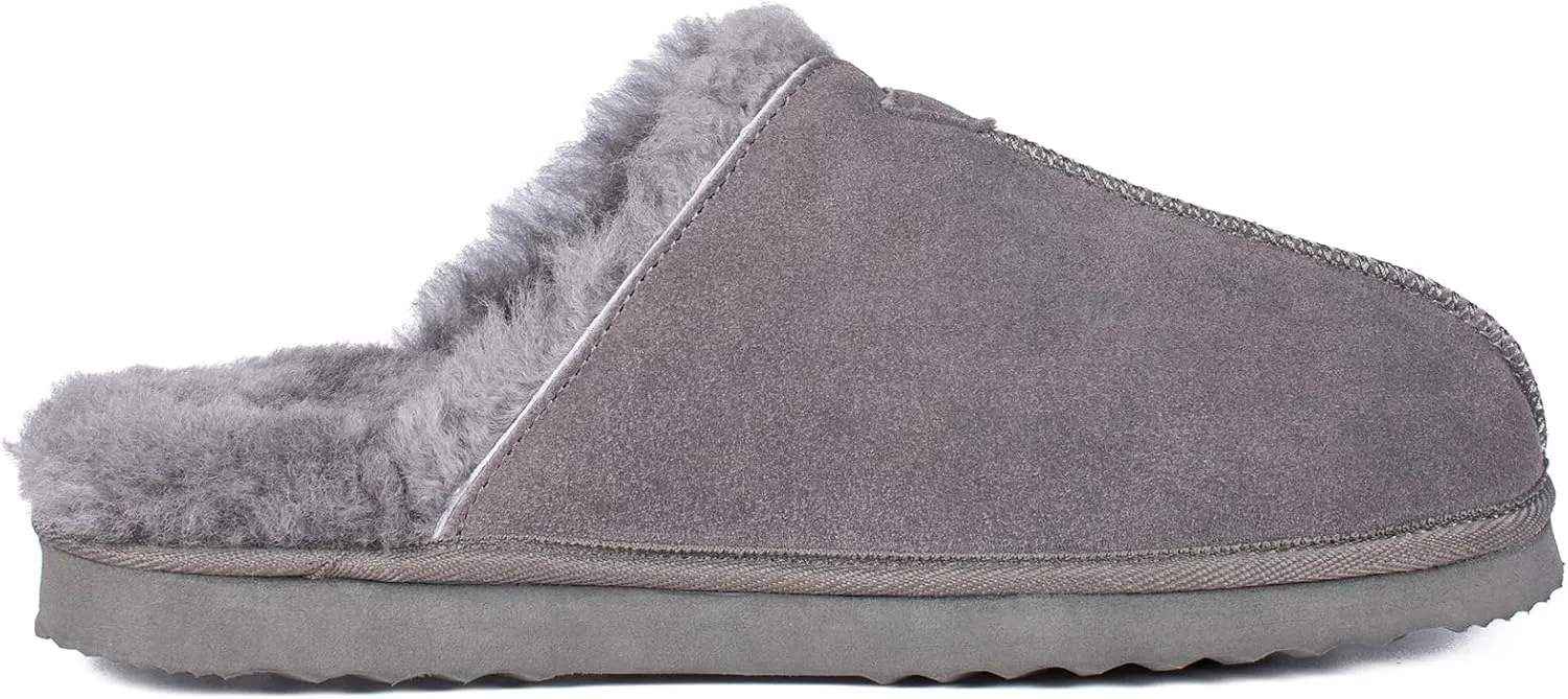 Parfeying Men's Sheepskin Shearling Slippers, Anti-slip Rubber Sole Indoor Outdoor Cow Suede Leather Slip on Slippers for Men