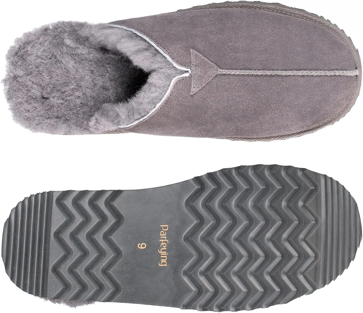 Parfeying Men's Sheepskin Shearling Slippers, Anti-slip Rubber Sole Indoor Outdoor Cow Suede Leather Slip on Slippers for Men