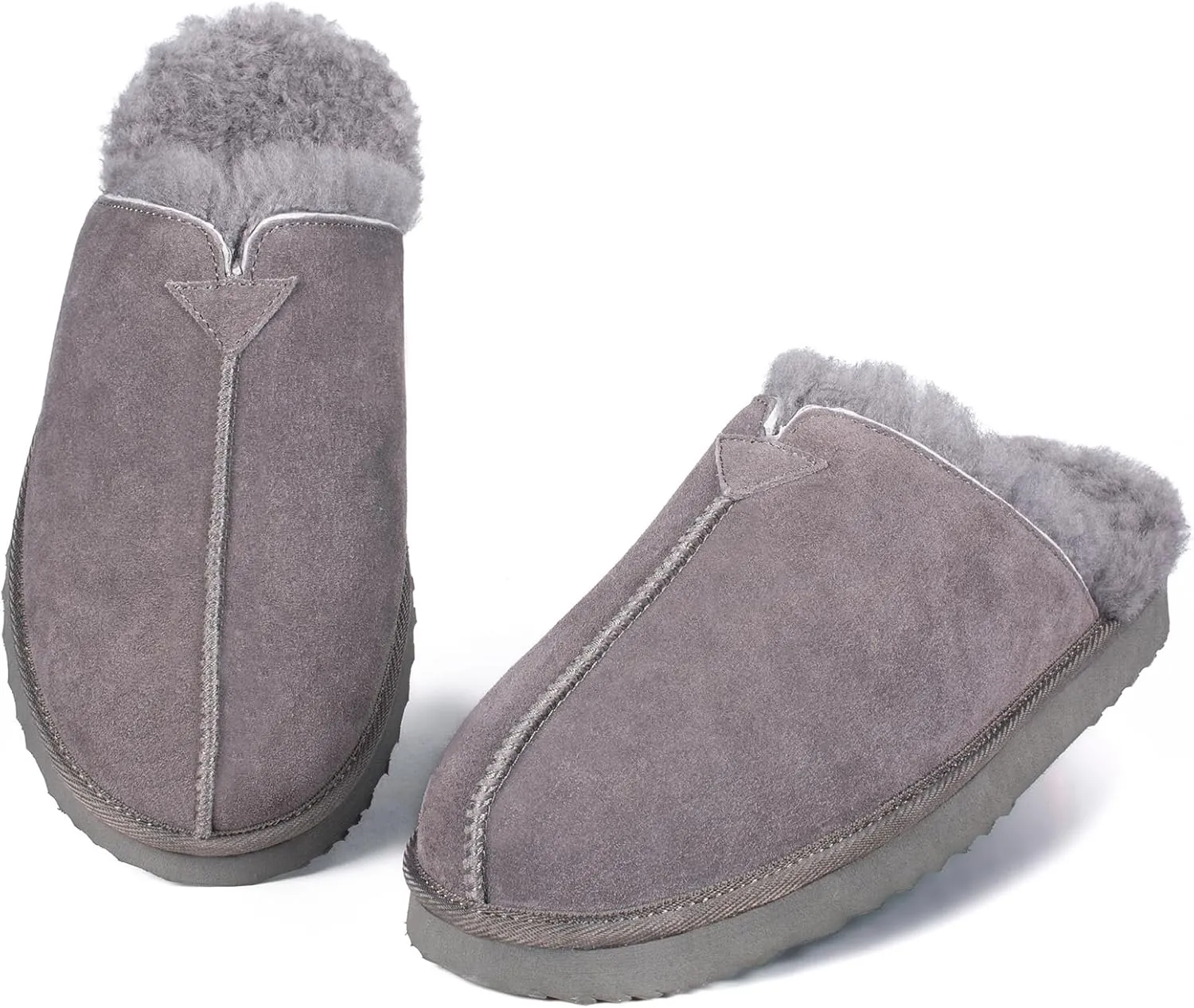 Parfeying Men's Sheepskin Shearling Slippers, Anti-slip Rubber Sole Indoor Outdoor Cow Suede Leather Slip on Slippers for Men