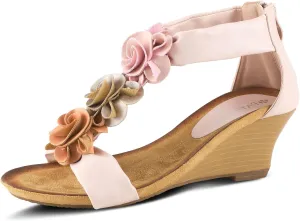 PATRIZIA Women's HARLEQUIN Ankle Strap T-Strap Wedge Sandals - Floral Design, Cushioned Insole, Back Zipper