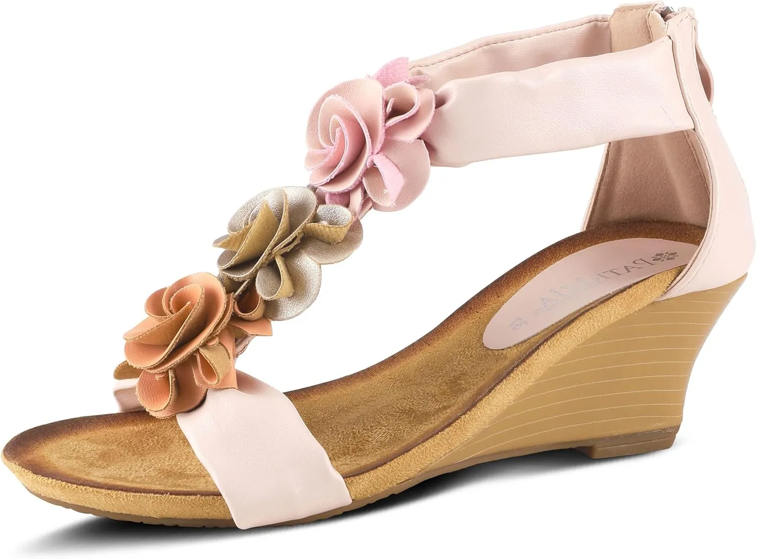 PATRIZIA Women's HARLEQUIN Ankle Strap T-Strap Wedge Sandals - Floral Design, Cushioned Insole, Back Zipper