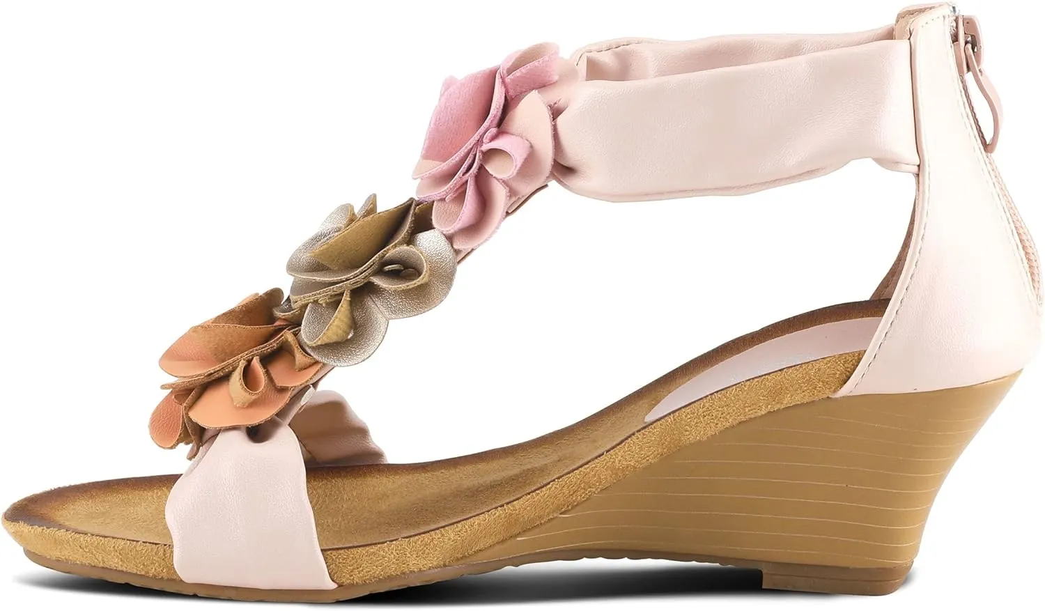 PATRIZIA Women's HARLEQUIN Ankle Strap T-Strap Wedge Sandals - Floral Design, Cushioned Insole, Back Zipper
