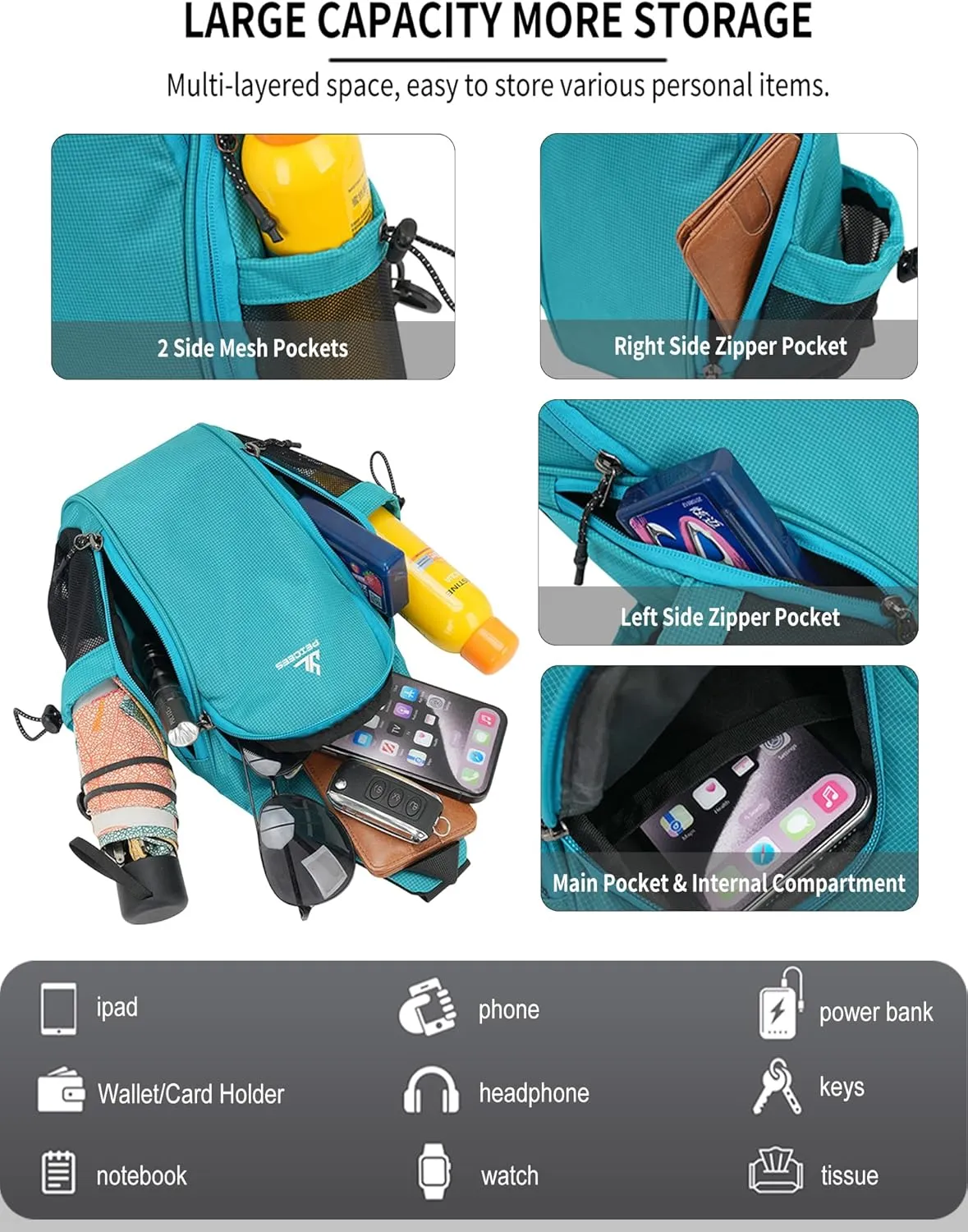 Peicees Small Sling Bag with 2 Bottle Holders, Sling Backpack Crossbody Bag Chest Daypack for Daily Use Travel, Bottle Not Included, Dark Blue