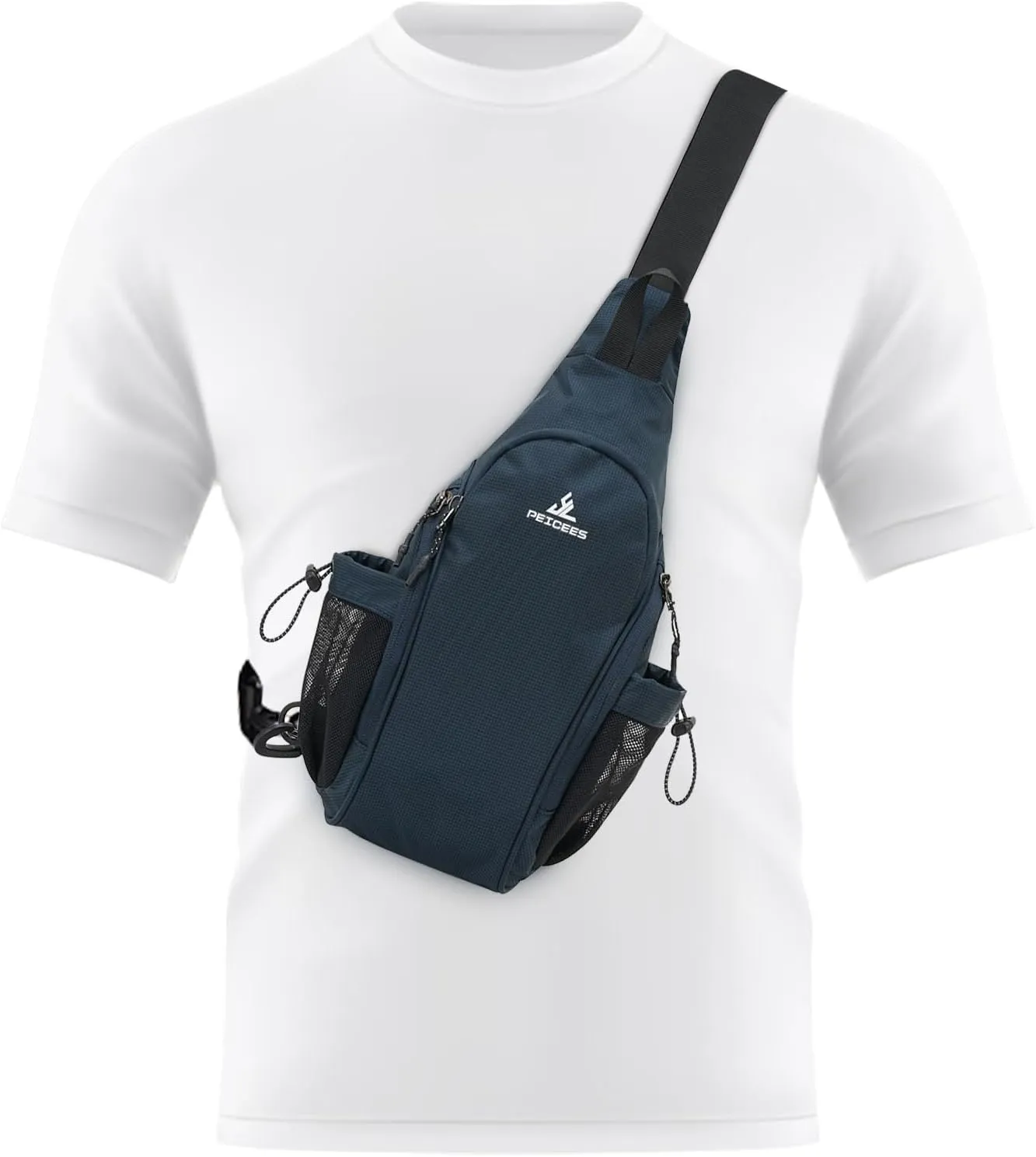 Peicees Small Sling Bag with 2 Bottle Holders, Sling Backpack Crossbody Bag Chest Daypack for Daily Use Travel, Bottle Not Included, Dark Blue