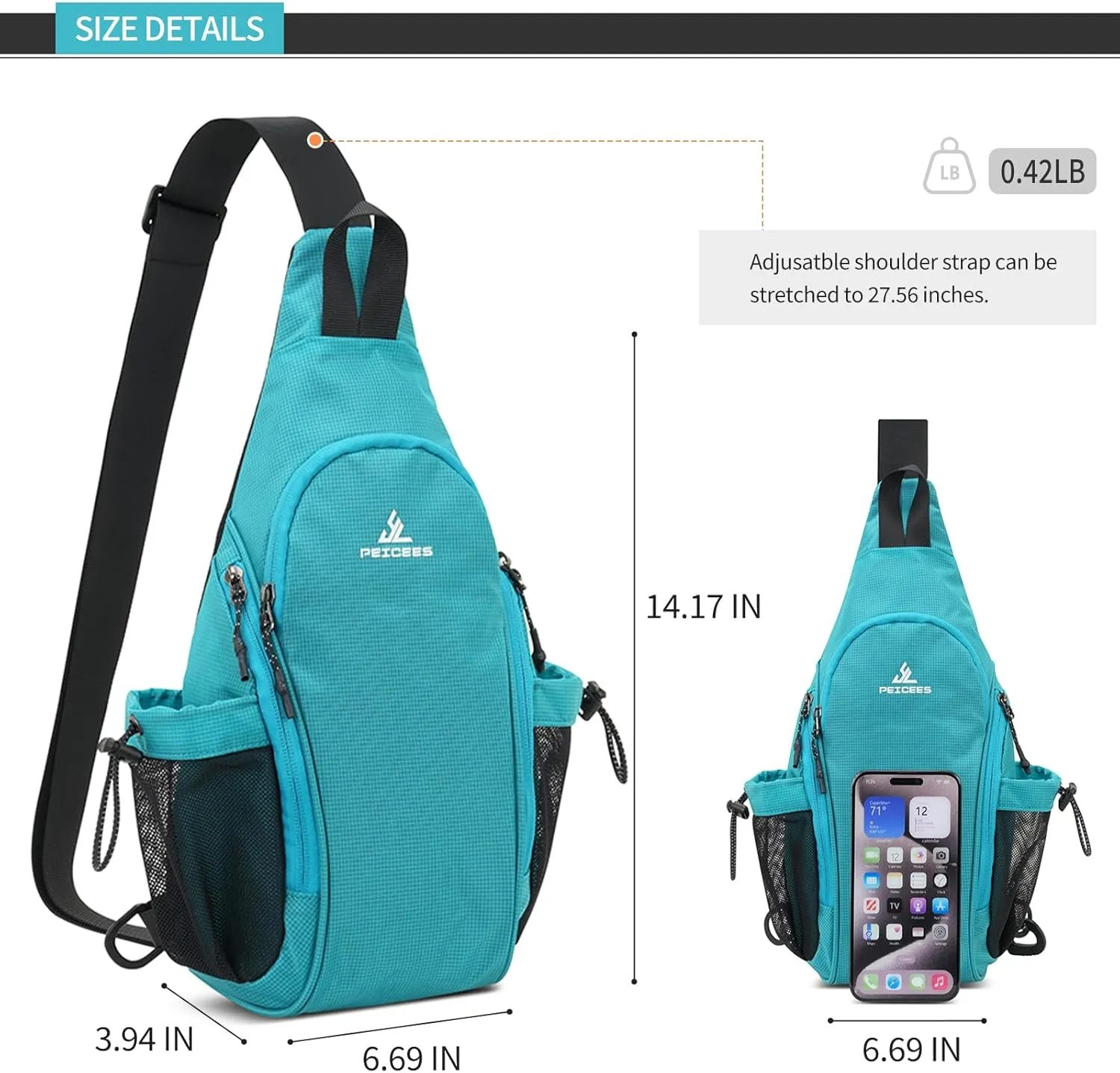 Peicees Small Sling Bag with 2 Bottle Holders, Sling Backpack Crossbody Bag Chest Daypack for Daily Use Travel, Bottle Not Included, Dark Blue
