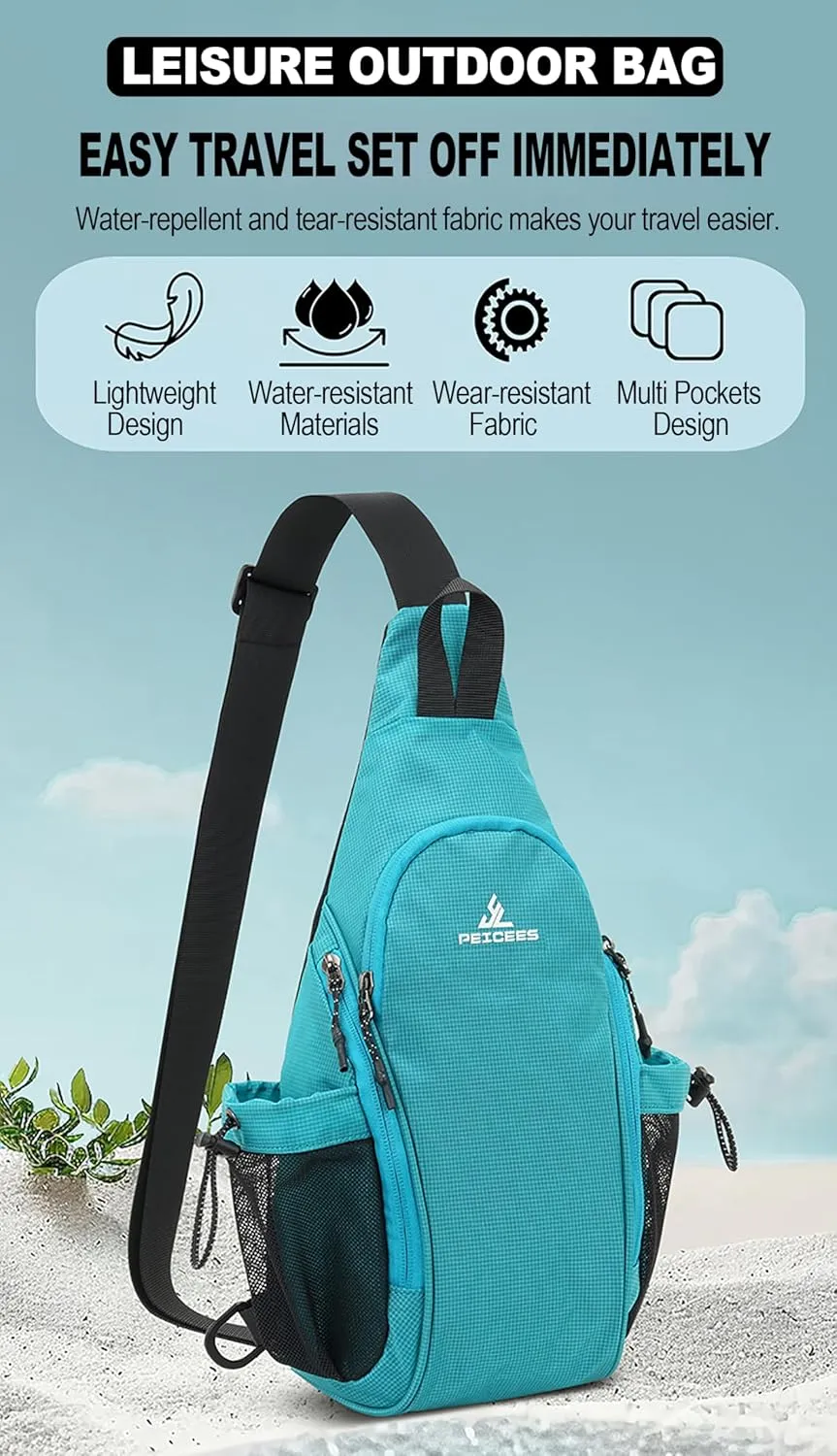 Peicees Small Sling Bag with 2 Bottle Holders, Sling Backpack Crossbody Bag Chest Daypack for Daily Use Travel, Bottle Not Included, Dark Blue