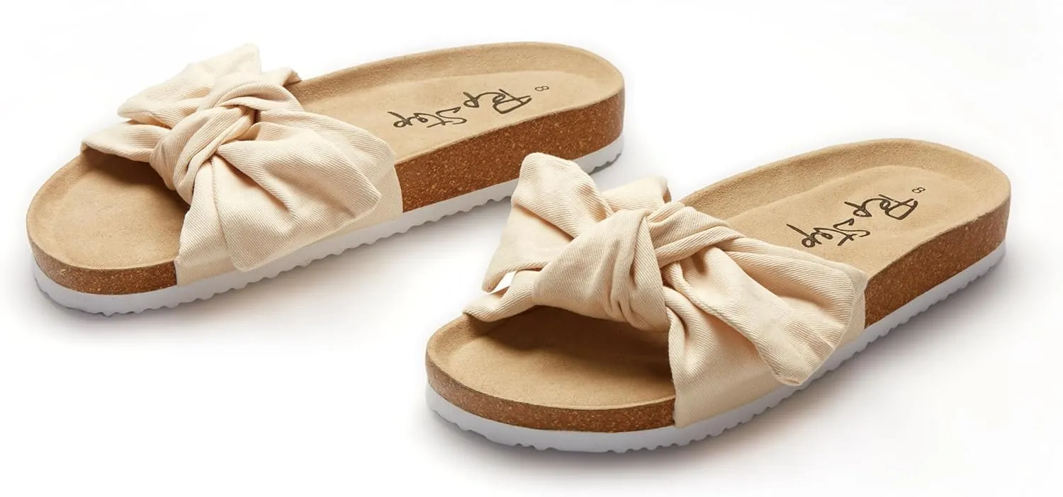 PepStep Slide Sandals for Women or Ladies Dressy Summer Casual, Cute Bow Tie Knot On Top Strap, Comfy Slip On Cork Foot Bed