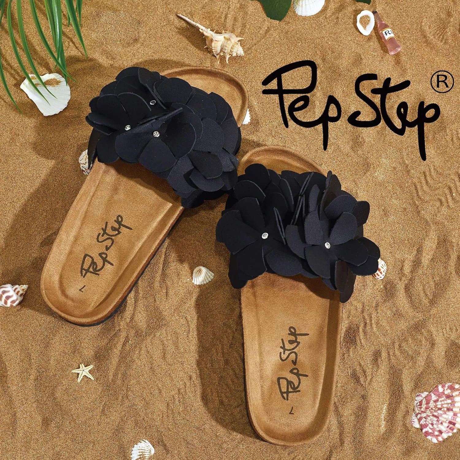 PepStep Slide Sandals for Women or Ladies Dressy Summer Casual, Cute Bow Tie Knot On Top Strap, Comfy Slip On Cork Foot Bed