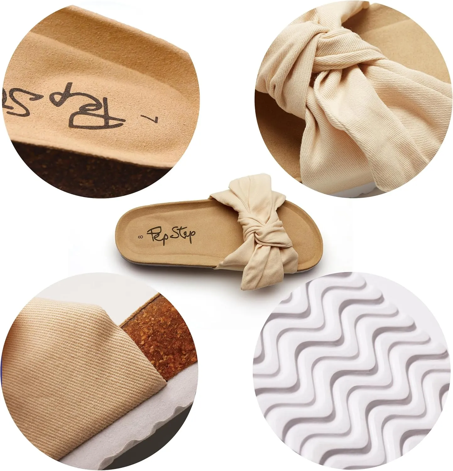 PepStep Slide Sandals for Women or Ladies Dressy Summer Casual, Cute Bow Tie Knot On Top Strap, Comfy Slip On Cork Foot Bed