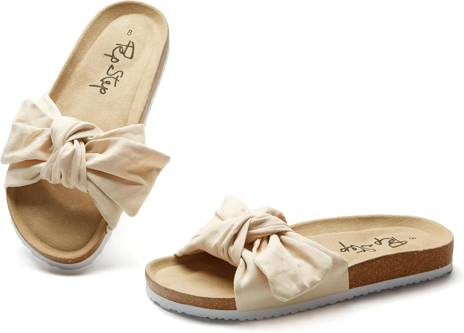PepStep Slide Sandals for Women or Ladies Dressy Summer Casual, Cute Bow Tie Knot On Top Strap, Comfy Slip On Cork Foot Bed